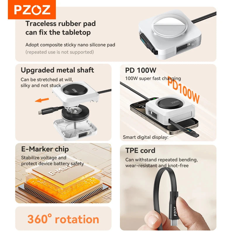 PZOZ 100W Retractable USB-C Cable with Digital Display